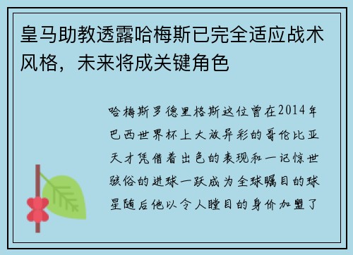 皇马助教透露哈梅斯已完全适应战术风格，未来将成关键角色