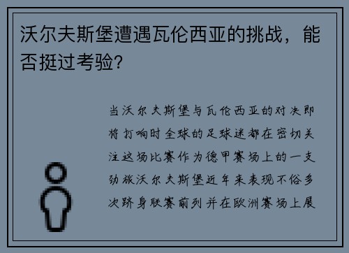 沃尔夫斯堡遭遇瓦伦西亚的挑战，能否挺过考验？