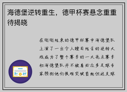 海德堡逆转重生，德甲杯赛悬念重重待揭晓